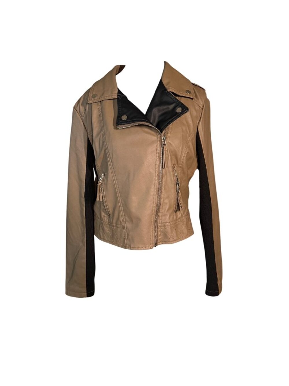New Look Womens Tan Faux Leather Moto Jacket With Black Panels Size XL